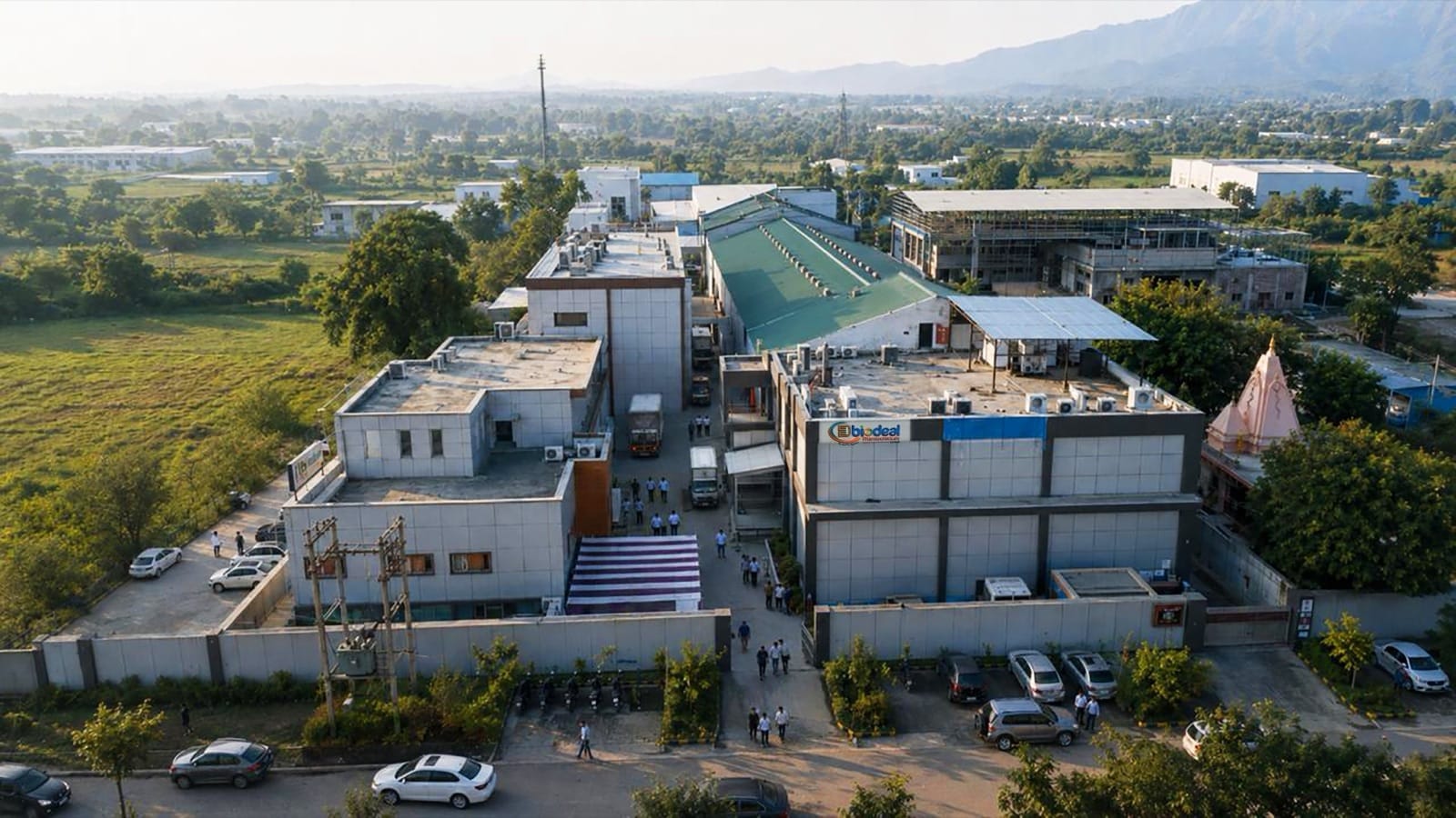Aerial view of Biodeal's manufacturing facility set against the Himalayan foothills at Nalagarh